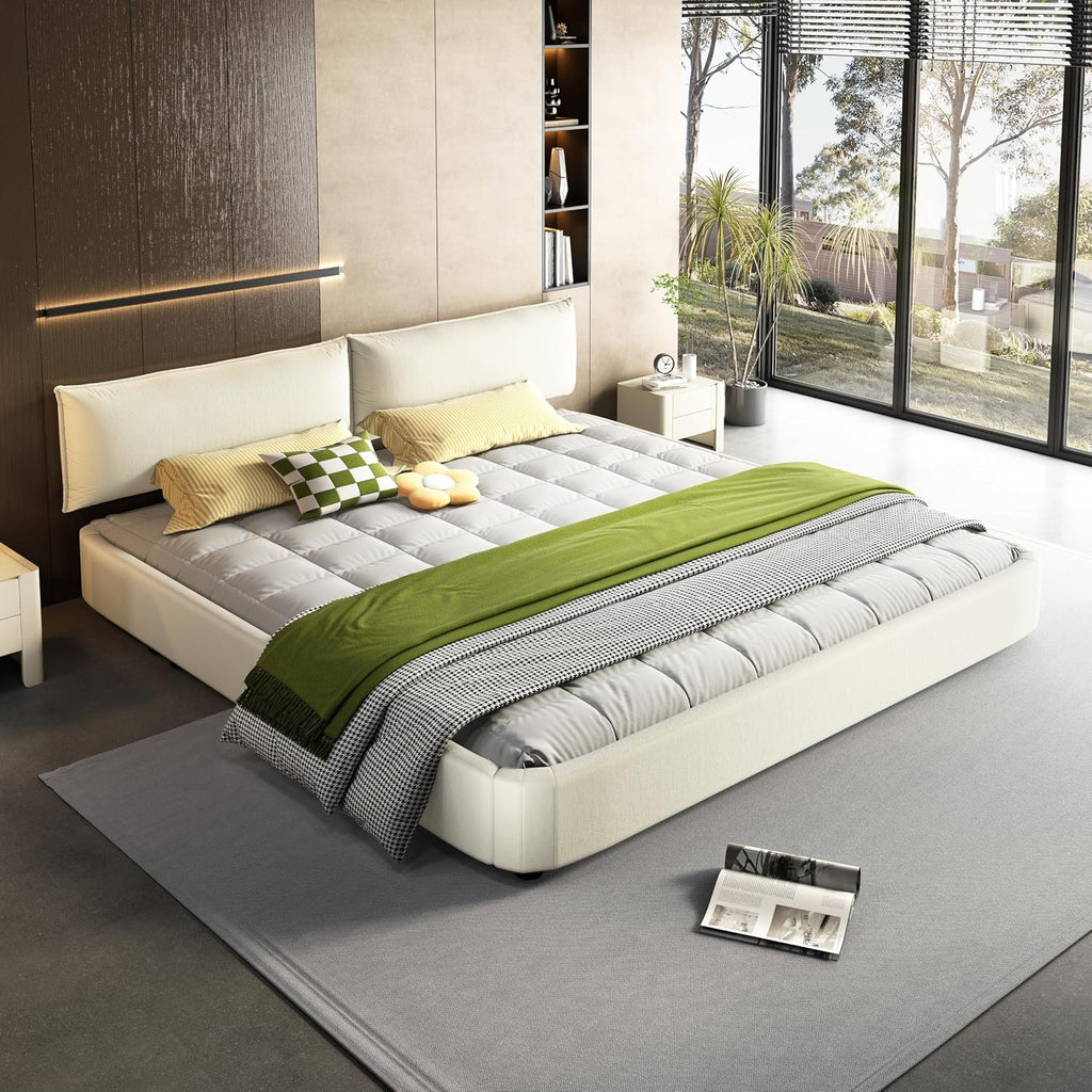 King Size Upholstered Platform Bed, Chenille Cloud Bed Frame with Oversized Padded Movable Headboard, Round Corner, Metal + Solid Wooden Slat Double Support, No Box Spring Needed (Beige+White-65)