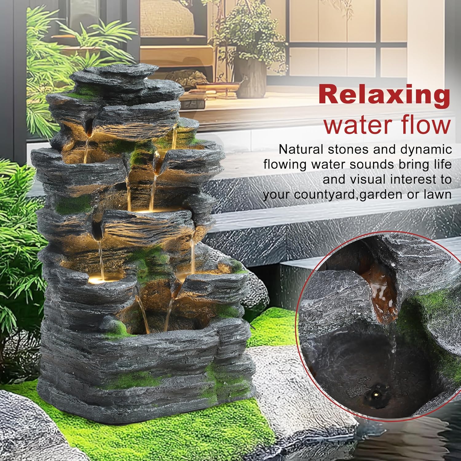 Garden Fountains Outdoor, 7-Tiers Cascading Rock Water Fountain, 24.4' H Waterfall Fountain Indoor with 6 LED Lights and Moss for Patio, Yard and Home Art Decor, Natural Stone Look
