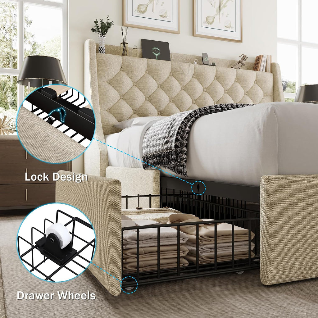 GalnFu Queen Bed Frame with 4 Storage Drawers, Huge Upholstered Wingback Headboard, Fast Charging Station, No Box Spring Needed, Noise-Free, Beige