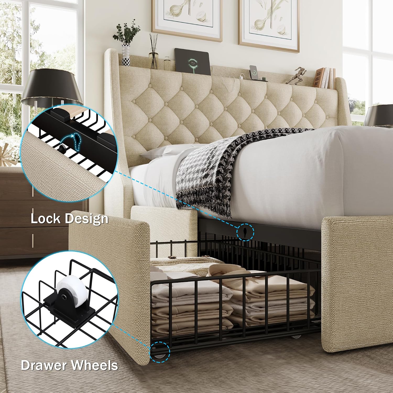 GalnFu Queen Bed Frame with 4 Storage Drawers, Huge Upholstered Wingback Headboard, Fast Charging Station, No Box Spring Needed, Noise-Free, Beige