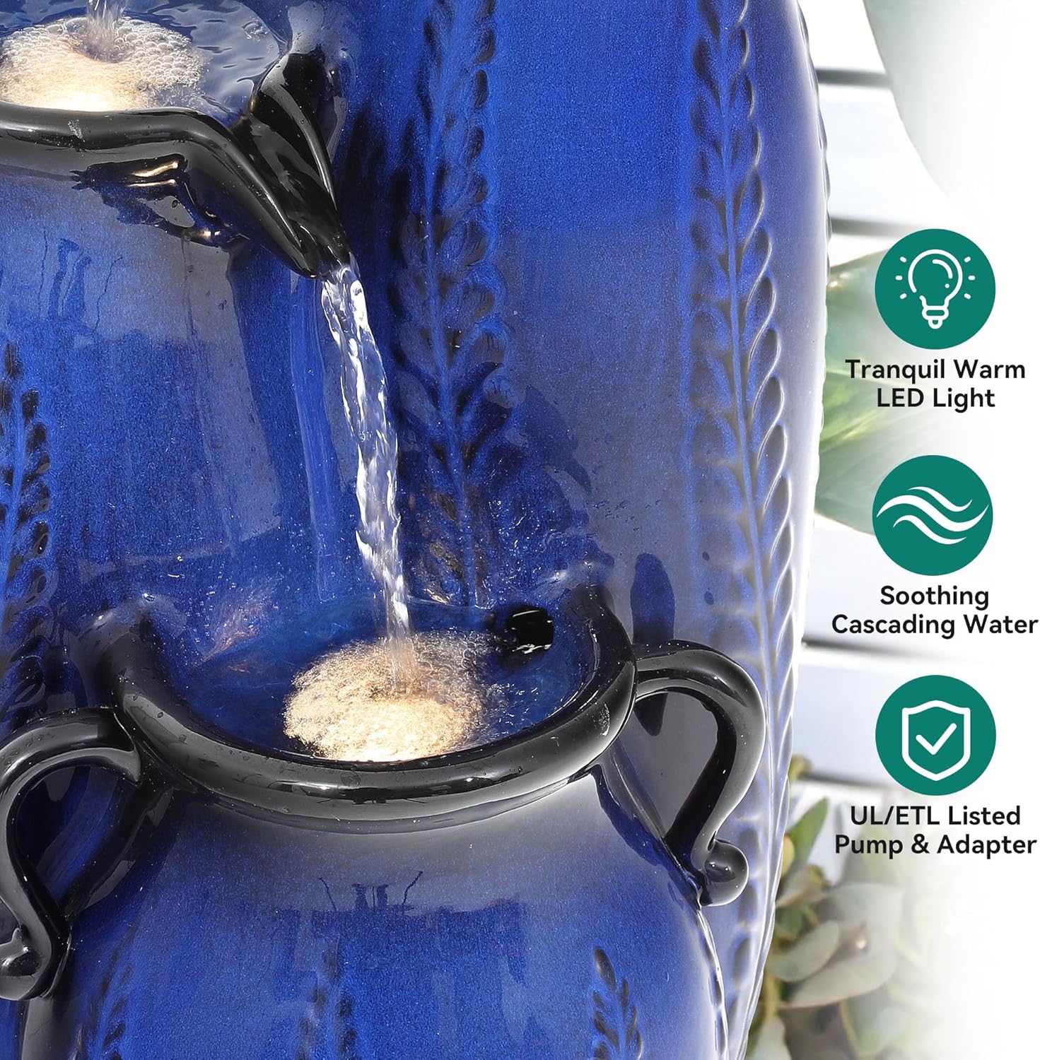 29.5' H Ceramic Outdoor Water Fountain with LED Lights, 3-Tier Vase Cascading Water Feature, Cobalt Blue with Embossed Leaf Patterns, Tranquil Waterfall for Garden, Patio, Yard, or Porch