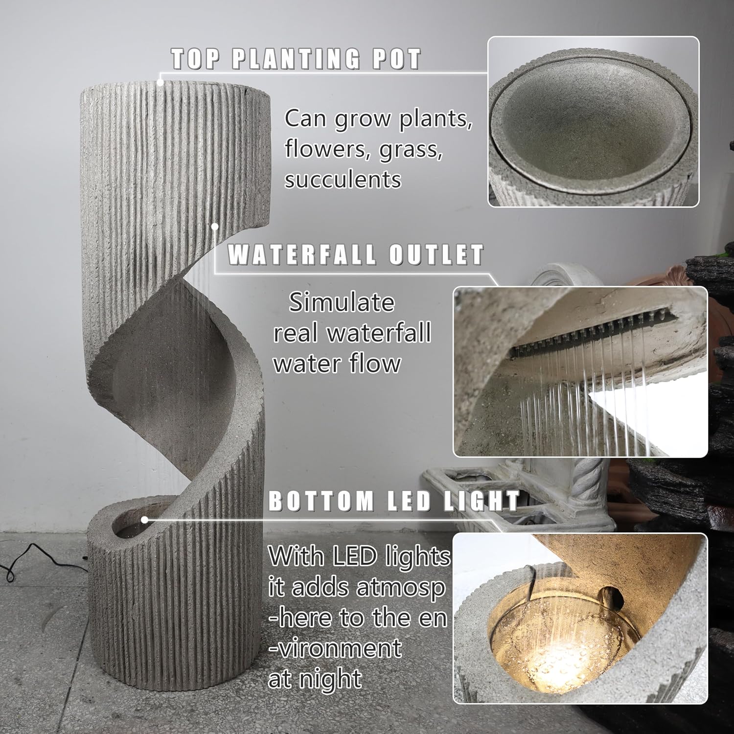 Large Spiral Waterfall Fountain with LED and Planter - Indoor/Outdoor Resin Garden Water Feature, Decorative Waterfalls & Fountains for Patio, Yard 11.8'x11.8'x39.4'(Gray) (Beige)