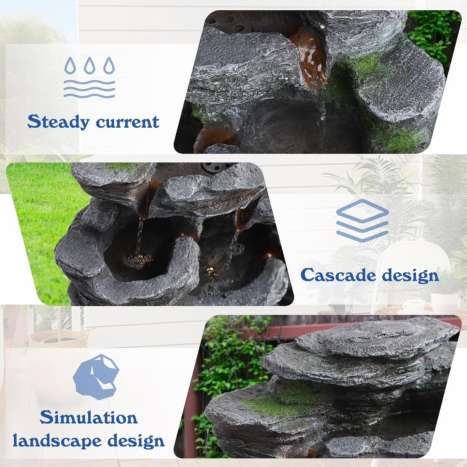 TITIMO 7-Tier Cascading Rock Water Fountain Outdoor Garden Waterfall with Lights,Fountain Indoor Decor for Garden, Patio, Backyard, Deck, Porch and Home Art Decor (24' H)
