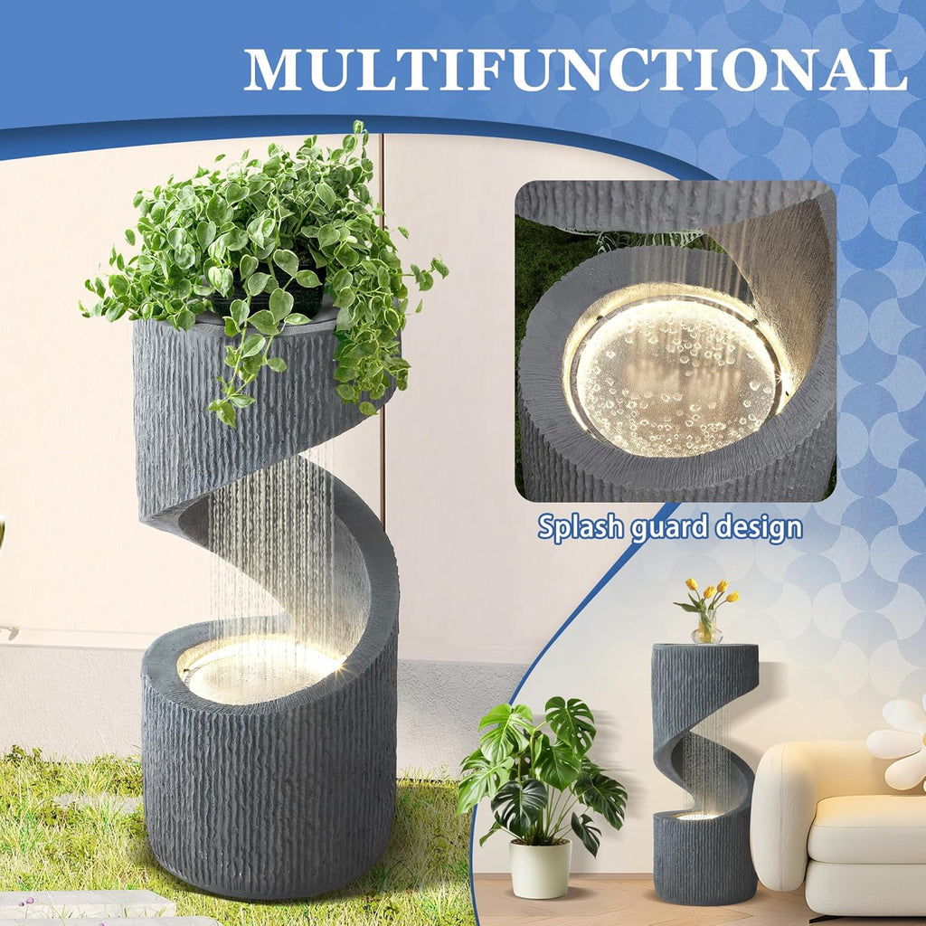 31.9' Outdoor Garden Water Fountain, S-Shaped Cascading Fountains and Waterfalls with LED Lights & Splash-Proof Net, Indoor/Outdoor Floor Standing Water Feature for Patio, Backyard, Home Decor