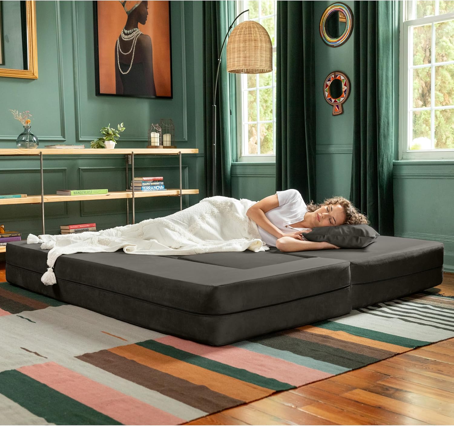 Jaxx Zipline Convertible Sleeper Sofa & Three Ottomans/California King-Size Bed, Textured Microvelvet - Charcoal