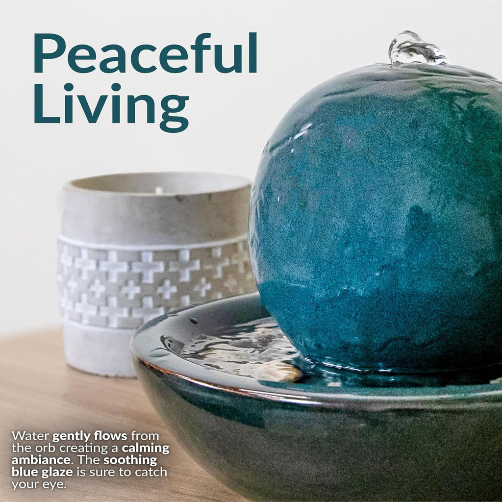 Sunnydaze Tabletop Ceramic Tabletop Fountain with Orb - Relaxing Indoor Fountain for Meditation - for Office, Bedroom, or Living Room - Teal - Set of 4