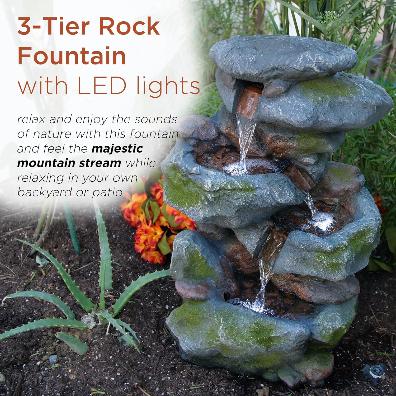 Alpine Corporation 22' Tall 3-Tier Outdoor Rock Waterfall Fountain with LED Lights, Natural Stone Look for Garden, Patio, Yard & Porch Decor, Gray