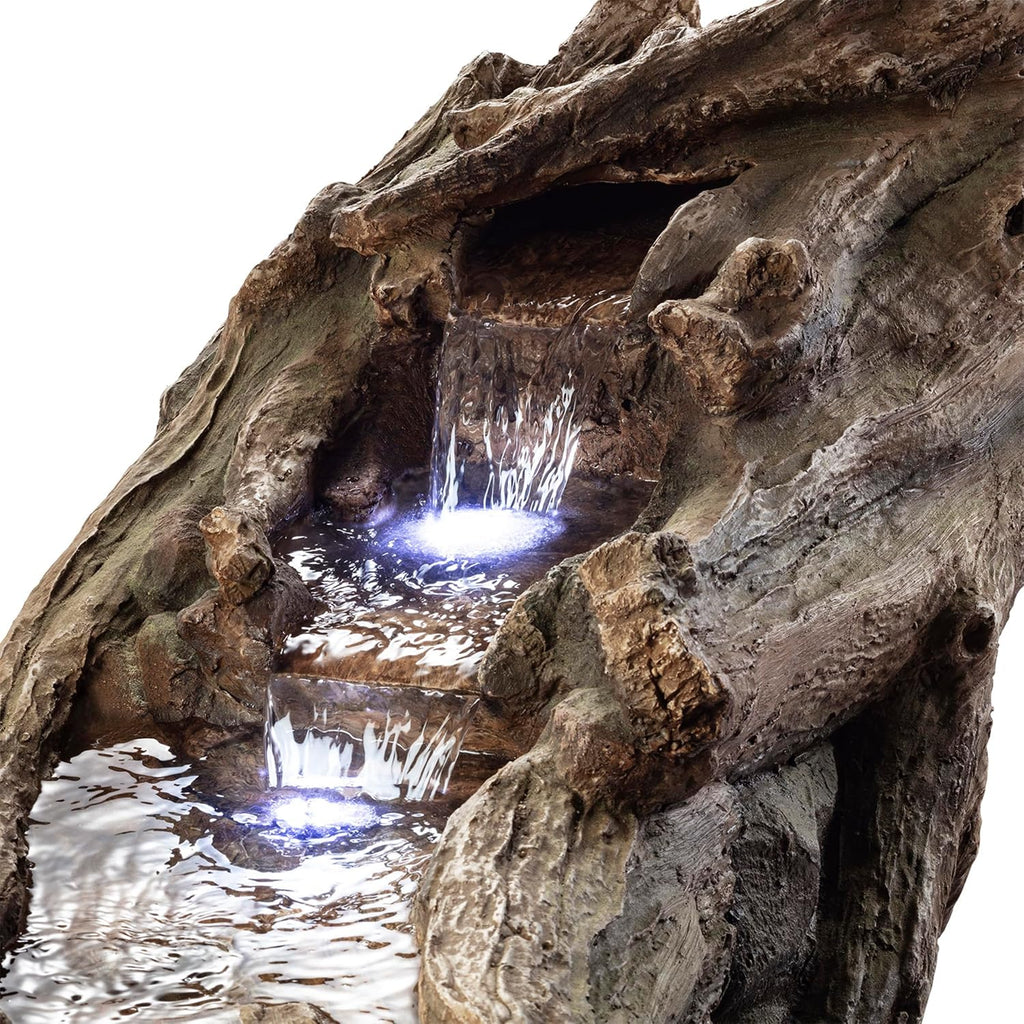 Alpine Corporation 80' Long Indoor/Outdoor Wood River Log Water Fountain with LED Lights, Cascading Natural Water Feature for Gardens, Patios, Yards, and Outdoor Decor, Brown and Gray