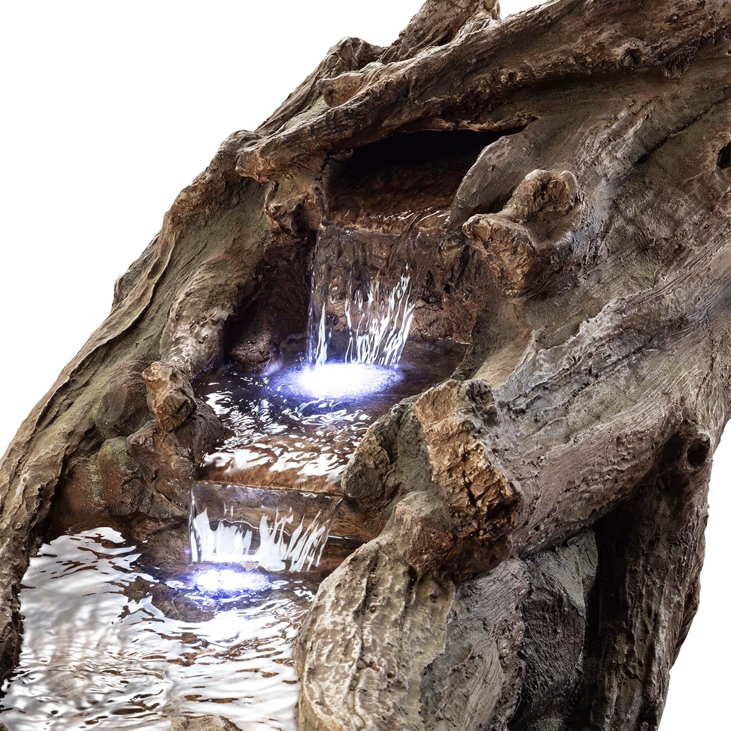 Alpine Corporation 80' Long Indoor/Outdoor Wood River Log Water Fountain with LED Lights, Cascading Natural Water Feature for Gardens, Patios, Yards, and Outdoor Decor, Brown and Gray