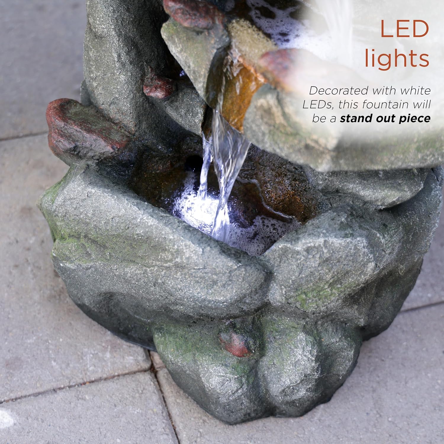 Alpine Corporation 31' Tall Outdoor 4-Tier Rock Floor Fountain, Cascading Waterfall with Cool White LED Lights, Gray