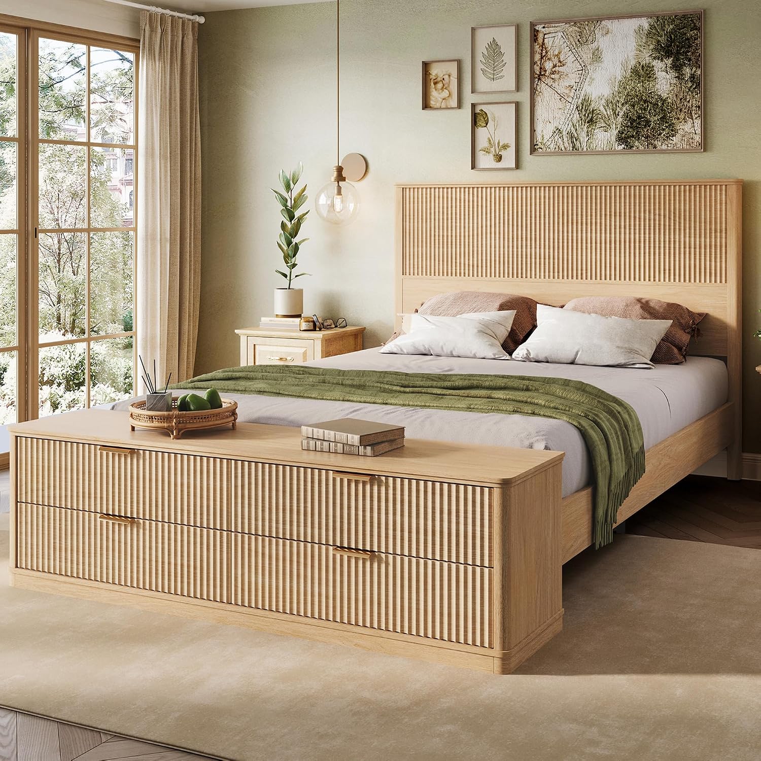 LINSY Storage Bed Frame Queen Bedframe with Drawers, Tall Bed Frame Queen-Size with Headboard and Footboard Bench, Fluted Boho Bed Frames Wooden Platform Beds with Storage, No Box Spring, Light Wood