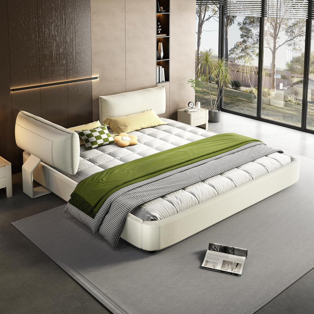 King Size Upholstered Platform Bed, Chenille Cloud Bed Frame with Oversized Padded Movable Headboard, Round Corner, Metal + Solid Wooden Slat Double Support, No Box Spring Needed (Beige+White-65)