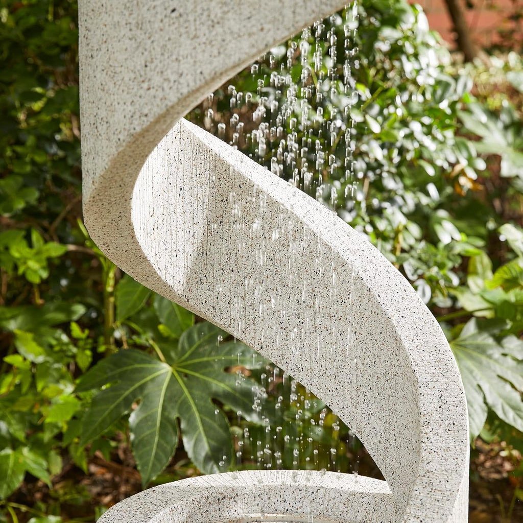 Glitzhome Outdoor Water Fountain with LED Light, Modren Curved Waterfall Fountain with Stone Planter, Faux Terrazzo Spiral Shaped Outdoor Fountains Water Feature for Garden Patio Deck Porch, 40.25'H
