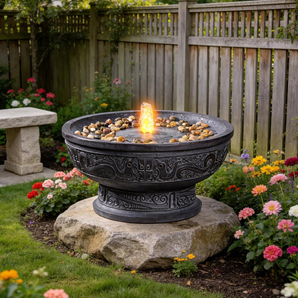 GOSSI Outdoor Water Fountain with Led Light Decorative Pedestal Bowl Design with River Stones Home Decoration, Modern Garden Fountain for Patio Decor