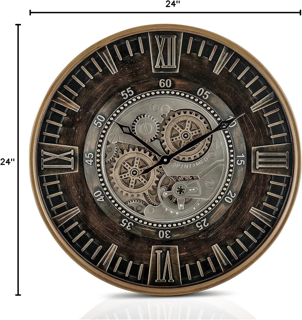 CLXEAST 24 Inch Large Moving Gear Wall Clock for Farmhouse Living Room Decor,Vintage Industrial Bronze Gold Metal Wall Clock for Home Office,House Warming Gifts New Home