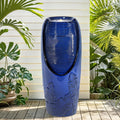 33' Tall Outdoor Garden Fountain with LED Lights, Modern Ceramic Jar Water Fountain, 3D Tropical Leaf Pattern, Cobalt Blue Glaze, Soothing Cascading Waterfall for Relaxing Patio, Yard, Porch