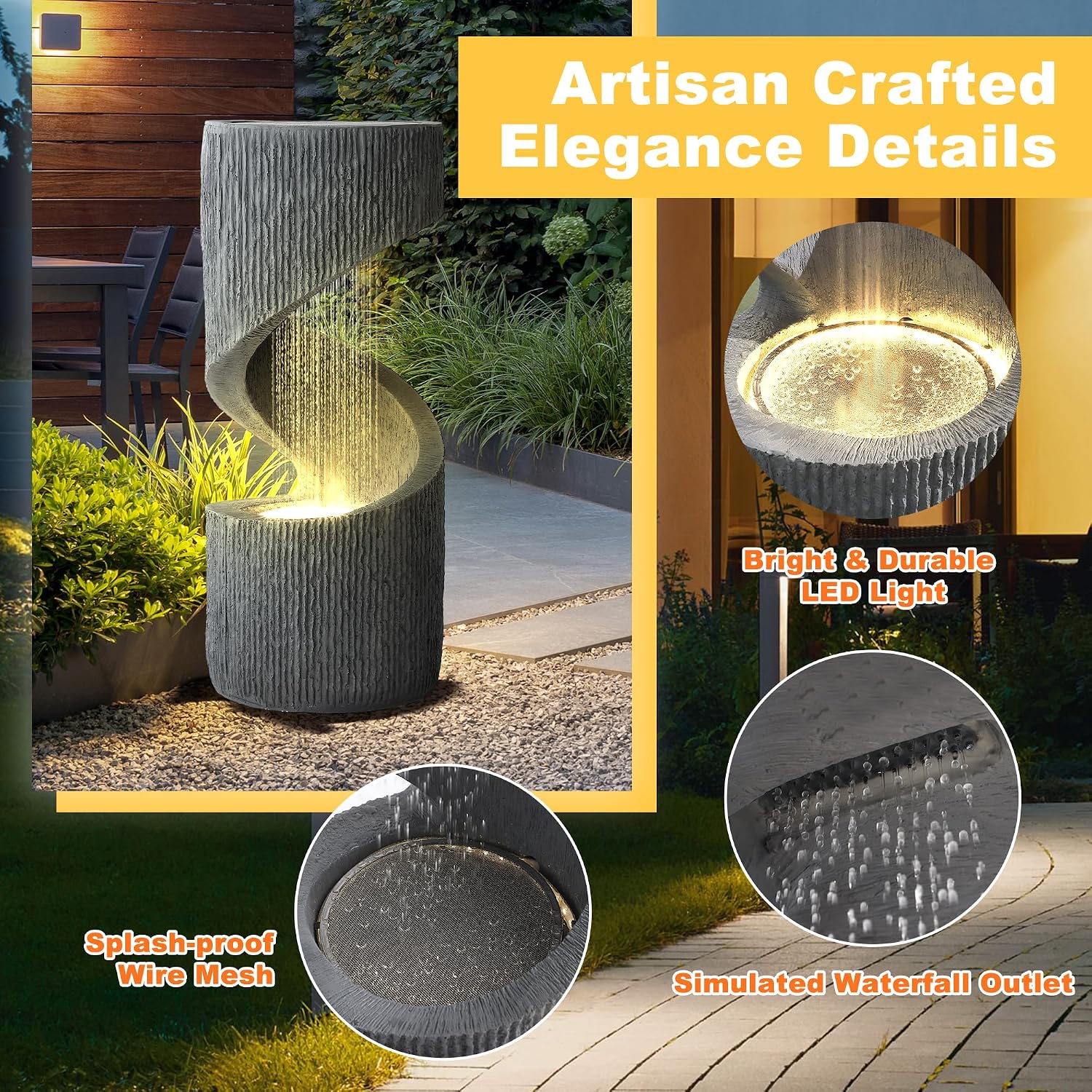 MAGIC UNION Outdoor S-Shaped Water Fountain, Spiral Waterfall Indoor Fountain Outside Garden Decor with LED Lights & Pump, Curved Patio Resin Fountains for Yard, Deck, Porch and Home Decorations