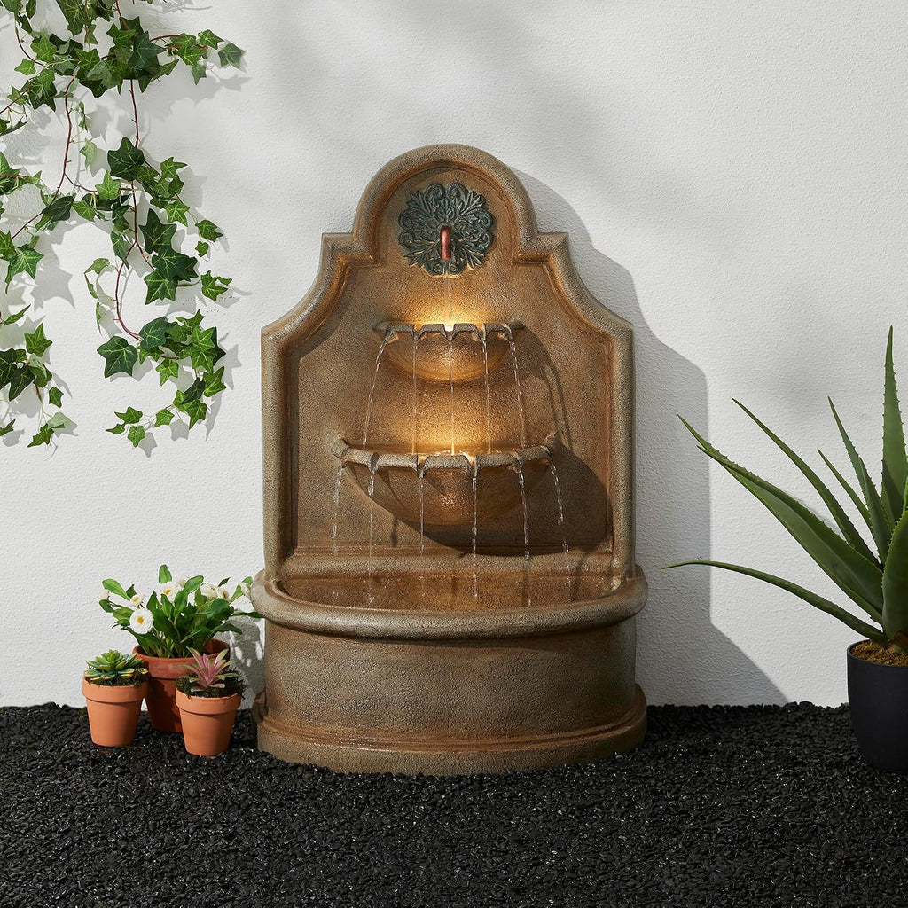 Glitzhome 37.25' H Outdoor Garden Water Fountain with LED Lights and Pump, Oversized Antique European Style 3-Tier Polyresin Cascading Floor-Standing Fountain for Porch Deck Patio Backyard Decoration