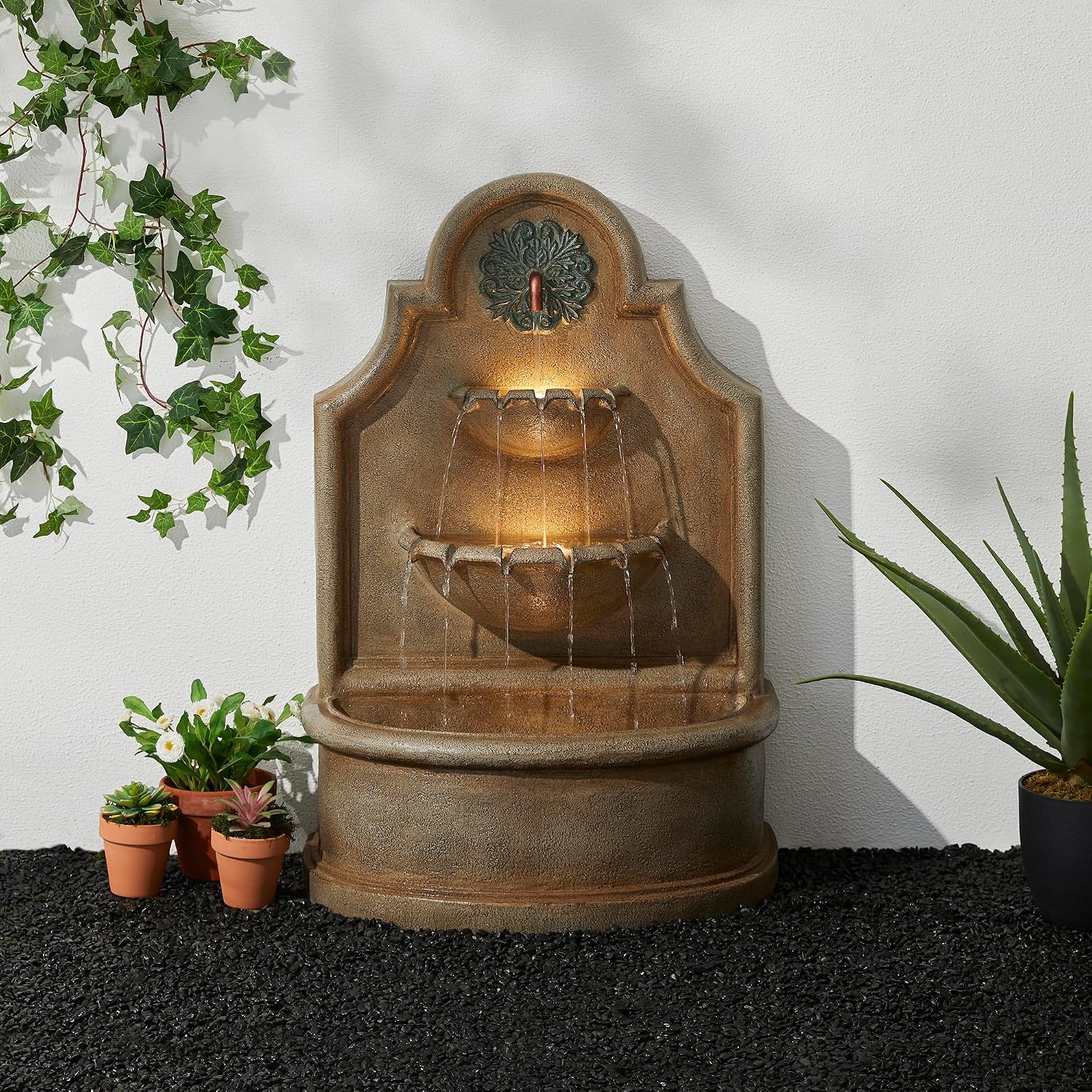 Glitzhome 37.25' H Outdoor Garden Water Fountain with LED Lights and Pump, Oversized Antique European Style 3-Tier Polyresin Cascading Floor-Standing Fountain for Porch Deck Patio Backyard Decoration