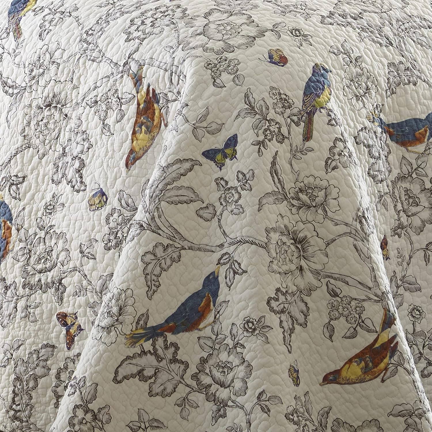 Levtex Home - Mockingbird Quilt Set - King/Cal King Quilt 106x92in. + Two King Pillow Shams 36x20in. - Grey Toile with Birds and Butterflies - Reversible Pattern - Cotton