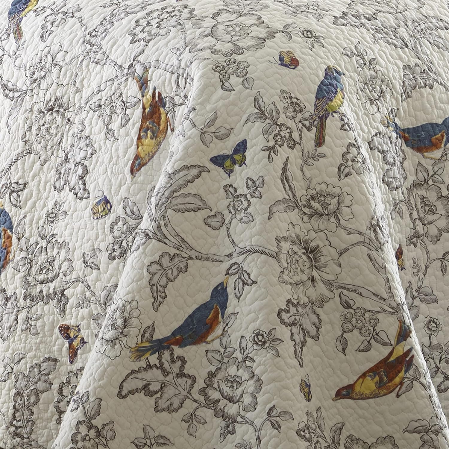 Levtex Home - Mockingbird Quilt Set - Full/Queen Quilt 88x92in. + Two Standard Pillow Shams 26x20in. - Grey Toile with Birds and Butterflies - Reversible - Cotton