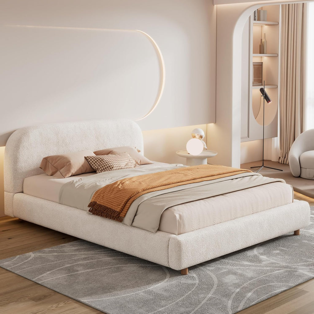JIVOIT Queen Size Platform Bed with Curve-Shaped Design Headboard, Boucle Fabric Upholstered Platform Bed with Strong Support, Modern Bed Frame, No Box Spring Needed, Easy Assembly (White,Queen,8)