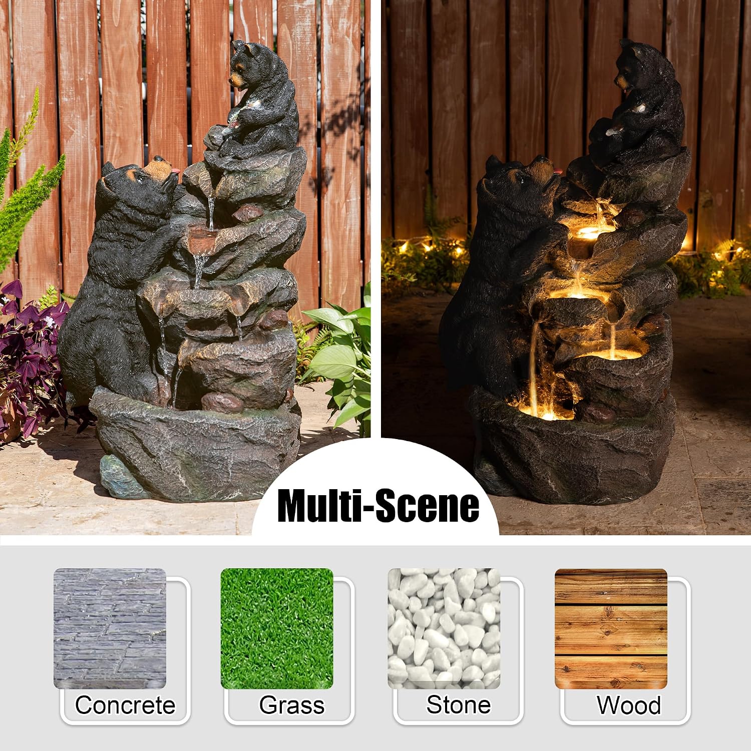 Glitzhome Water Fountain Outdoor, Outdoor Fountain with Lights & Pump, 30.5' H 4-Tiered Mom and Baby Bear Polyresin Cascading Waterfall Floor Standing Water Feature for Garden, Patio, Yard, Deck