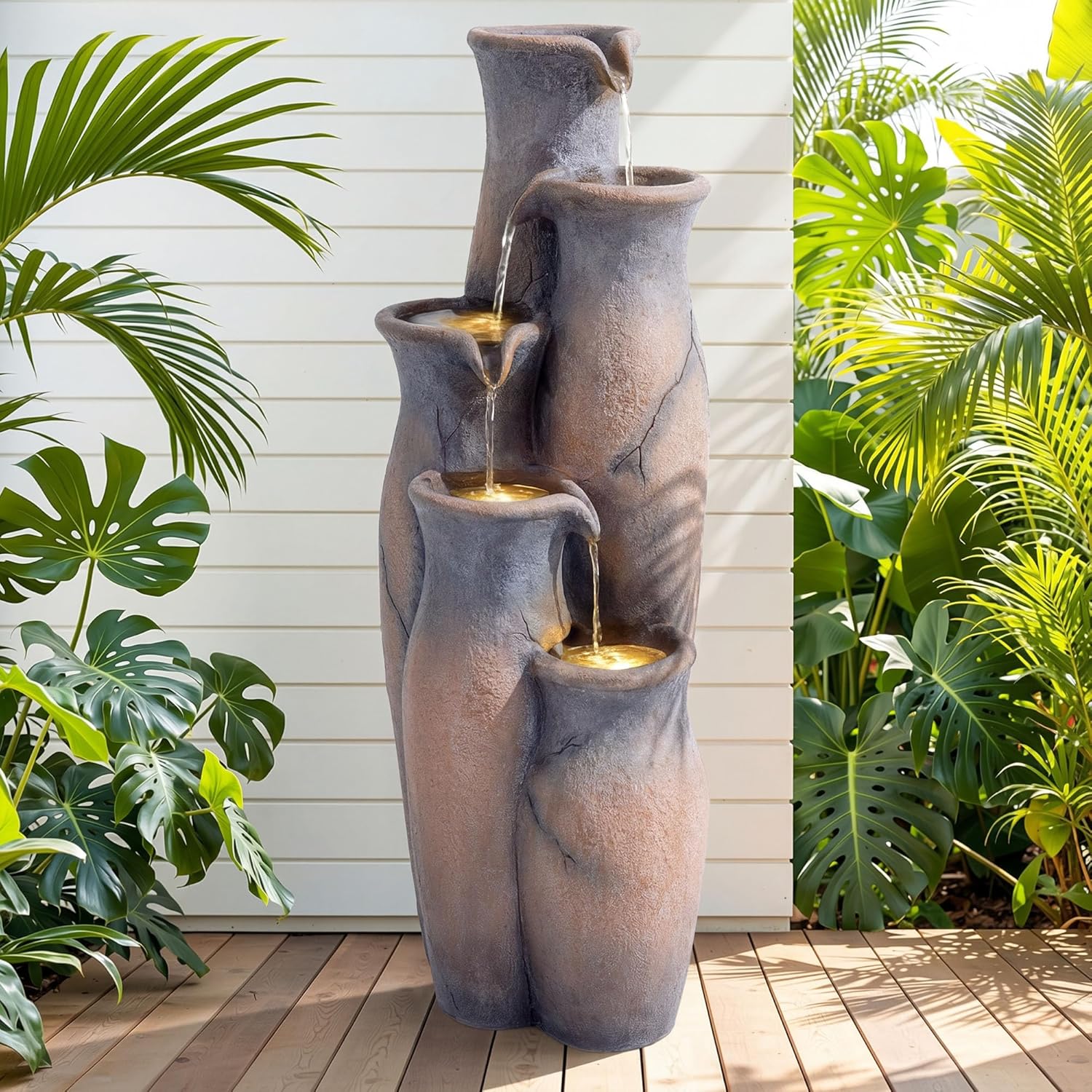33' H Outdoor Water Fountain with Lights, 5-Tier Faux Terracotta Vase Waterfall, Rustic Cracked Stone Finish Resin Cascading Waterfall Feature with Tranquil Oasis for Garden, Patio, Yard, Porch