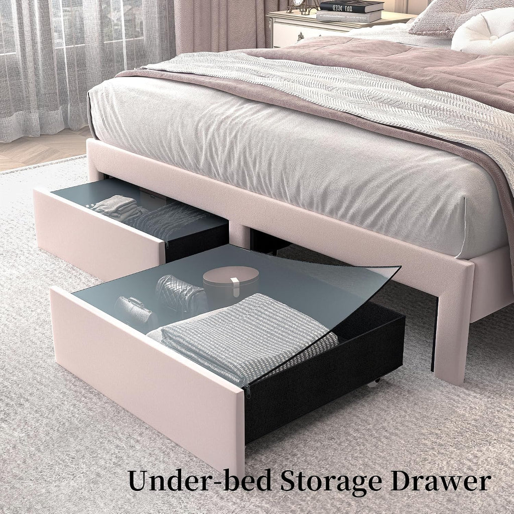SIBEDS Full LED Bed Frame with Storage Drawers, Velvet Upholstered Platform Beds with Galaxy Star Projector Charging Station Speaker, Aurora Bedframe with 2-Tier Storage Headboard, Noise-Free, Pink