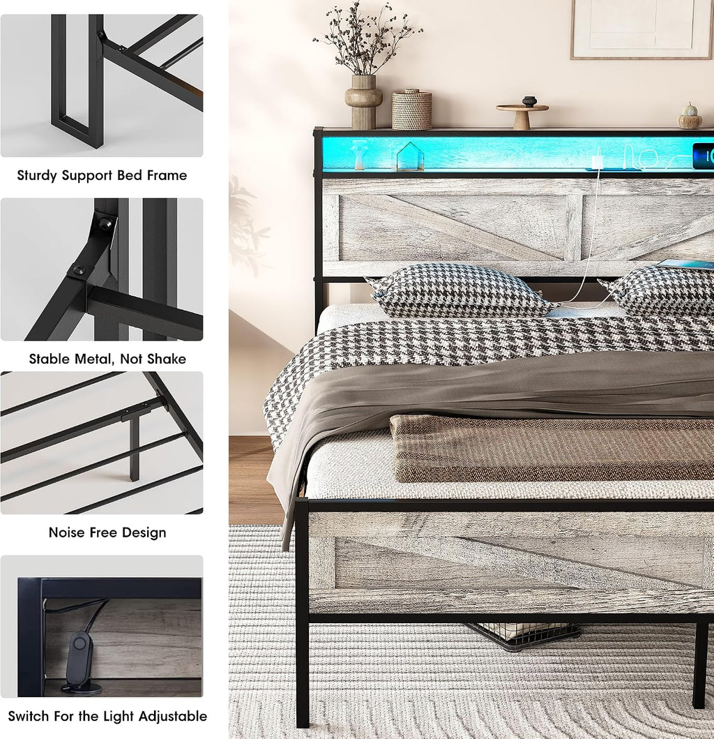 Vabches Full Size Bed Frame with Headboard and Charging Station, Wash Grey Platform Bed Frame with Led Light, No Box Spring Needed, Noise Free Farmhouse Bedroom Set