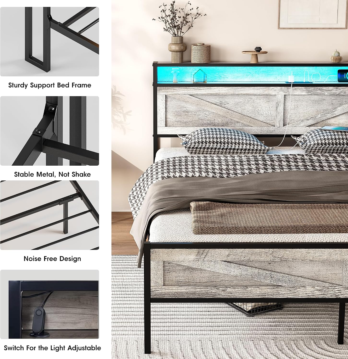 Vabches Full Size Bed Frame with Headboard and Charging Station, Wash Grey Platform Bed Frame with Led Light, No Box Spring Needed, Noise Free Farmhouse Bedroom Set