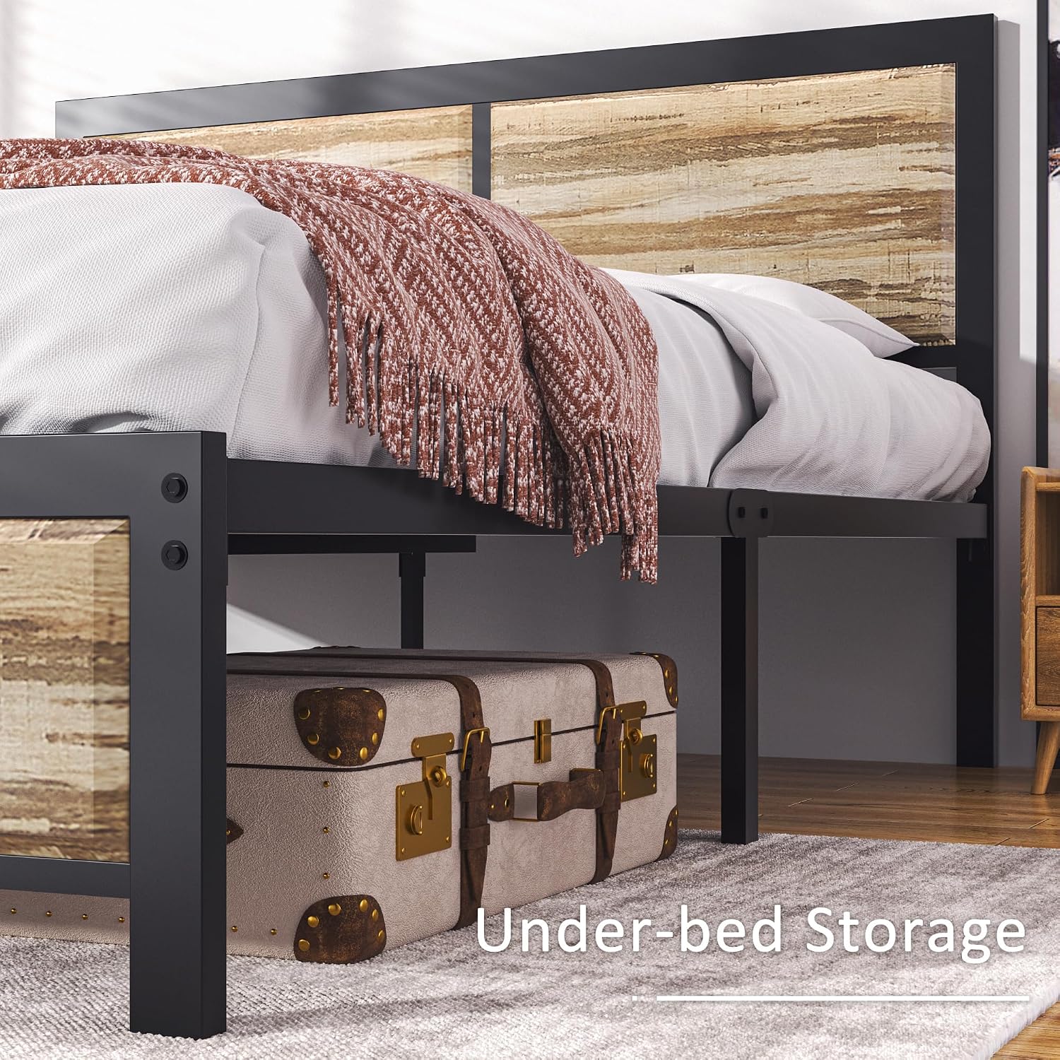 VECELO Queen Size Bed Frame with Wood Headboard and Footboard, 14 Inch Platform Mattress Foundation, No Box Spring Needed, Heavy Duty Slats Support, Easy Assembly, Rustic Oak