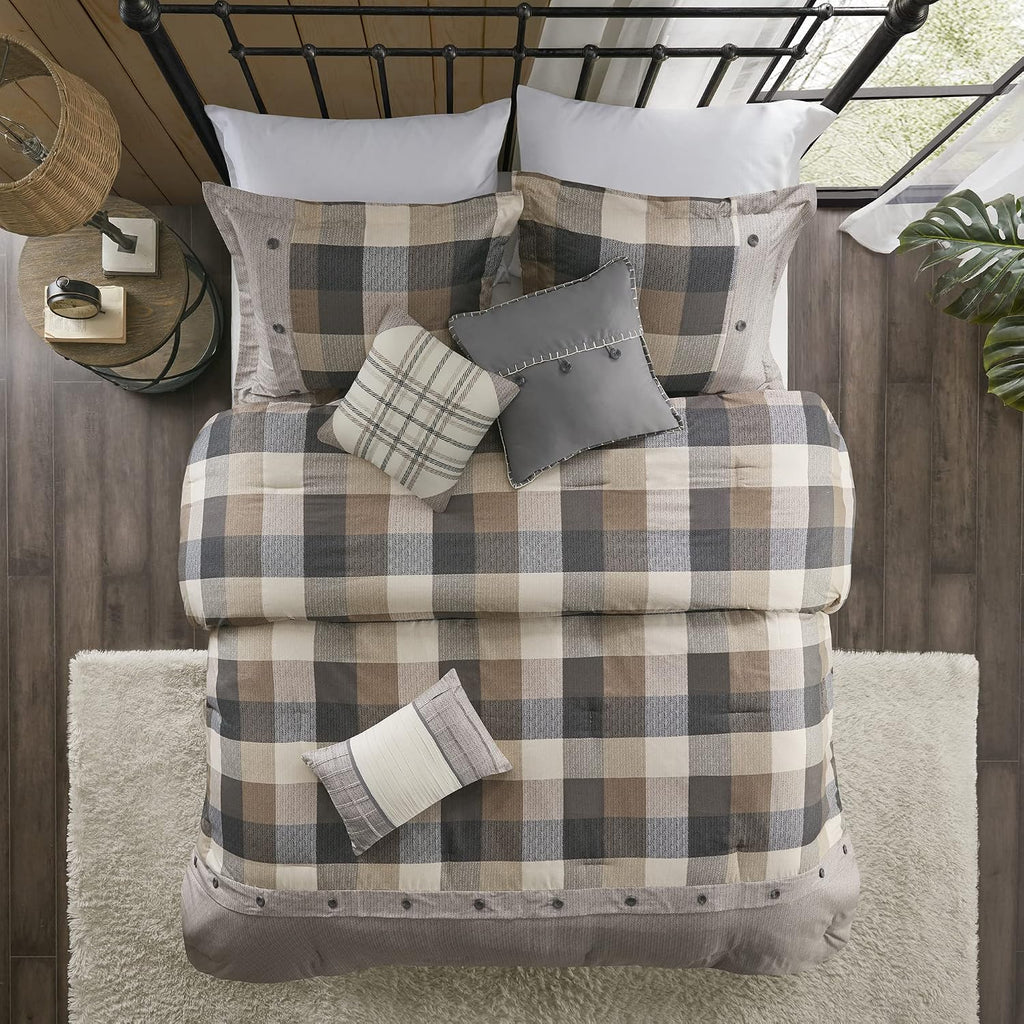 Madison Park Ridge Comforter Set-Cabin Lodge Plaid Herringbone Design All Season Down Alternative Cozy Bedding with Matching Bedskirt, Shams, Decorative Pillow, King(104'x92'), Neutral 7 Piece