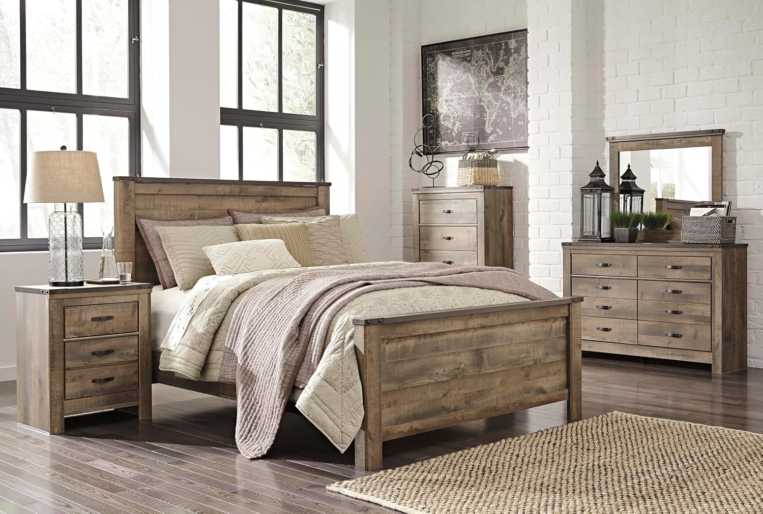 Signature Design by Ashley Trinell Rustic 5 Drawer Chest of Drawers with Nailhead Trim, Warm Brown