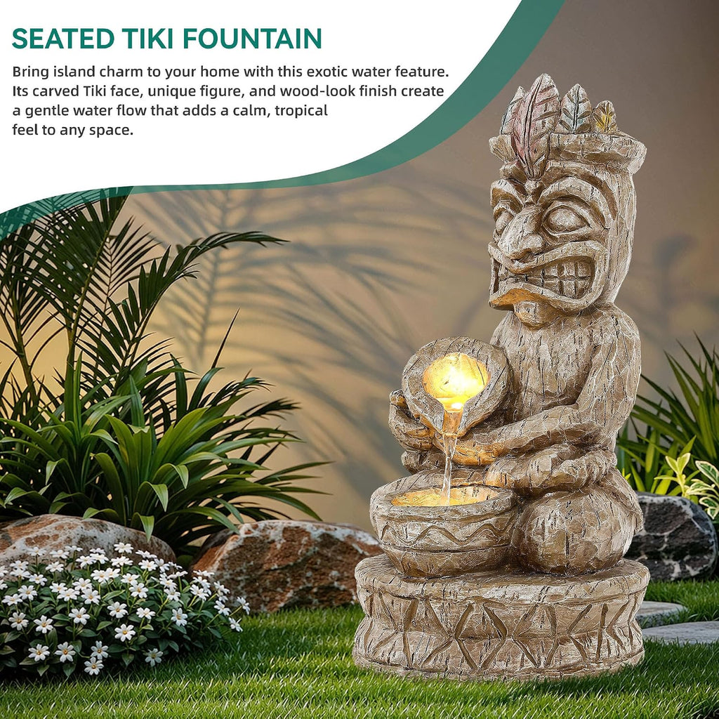 23' Tiki Outdoor Water Fountain, 2-Tier Water Feature with LED Lights, Soothing Cascading Waterfall for Tranquile, Relaxing, Meditative Patio, Backyard, Garden or Porch