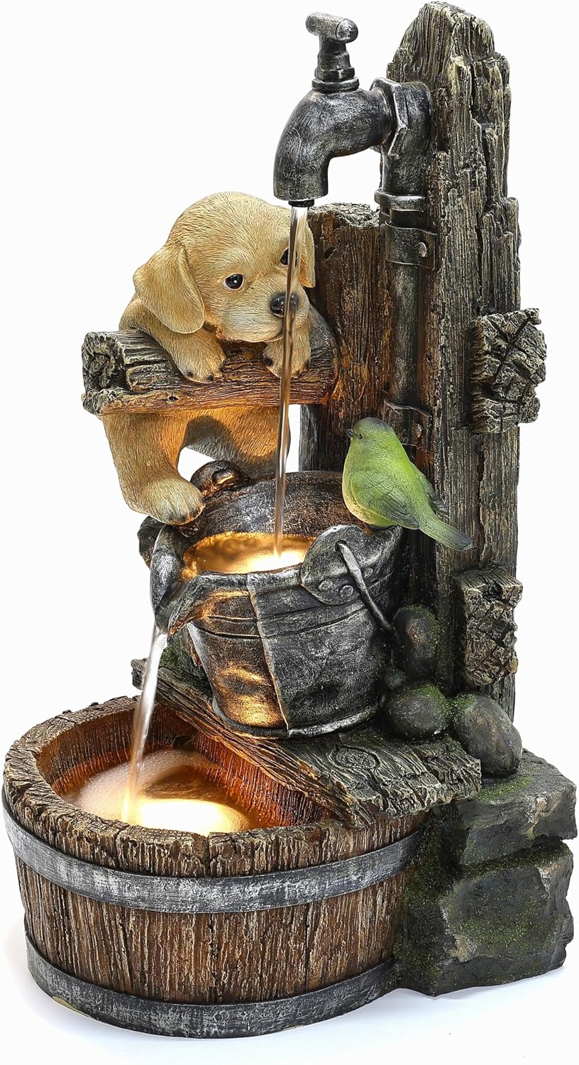 LuxenHome Water Fountain Outdoor, 25' Whimsical Puppy Dog Resin Outdoor Water Fountain with LED Lights, Decorative Garden Waterfall Fountains Indoor and Outdoor for Patio, Garden Decor