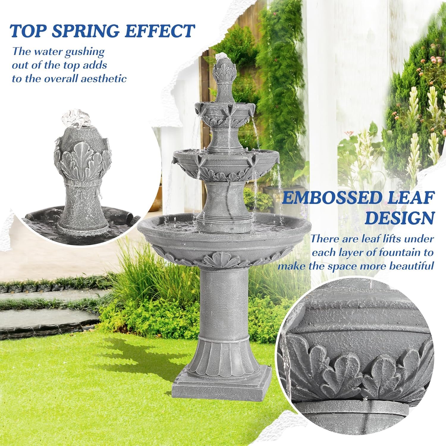 Italian Outdoor Water Fountains Garden Decor - 48.4''H Fountains and Waterfalls Outside, Large Cascading Indoor Floor-Standing Resin Bubbler Fountain Features W/Pump for Patio, Yard (Gray)