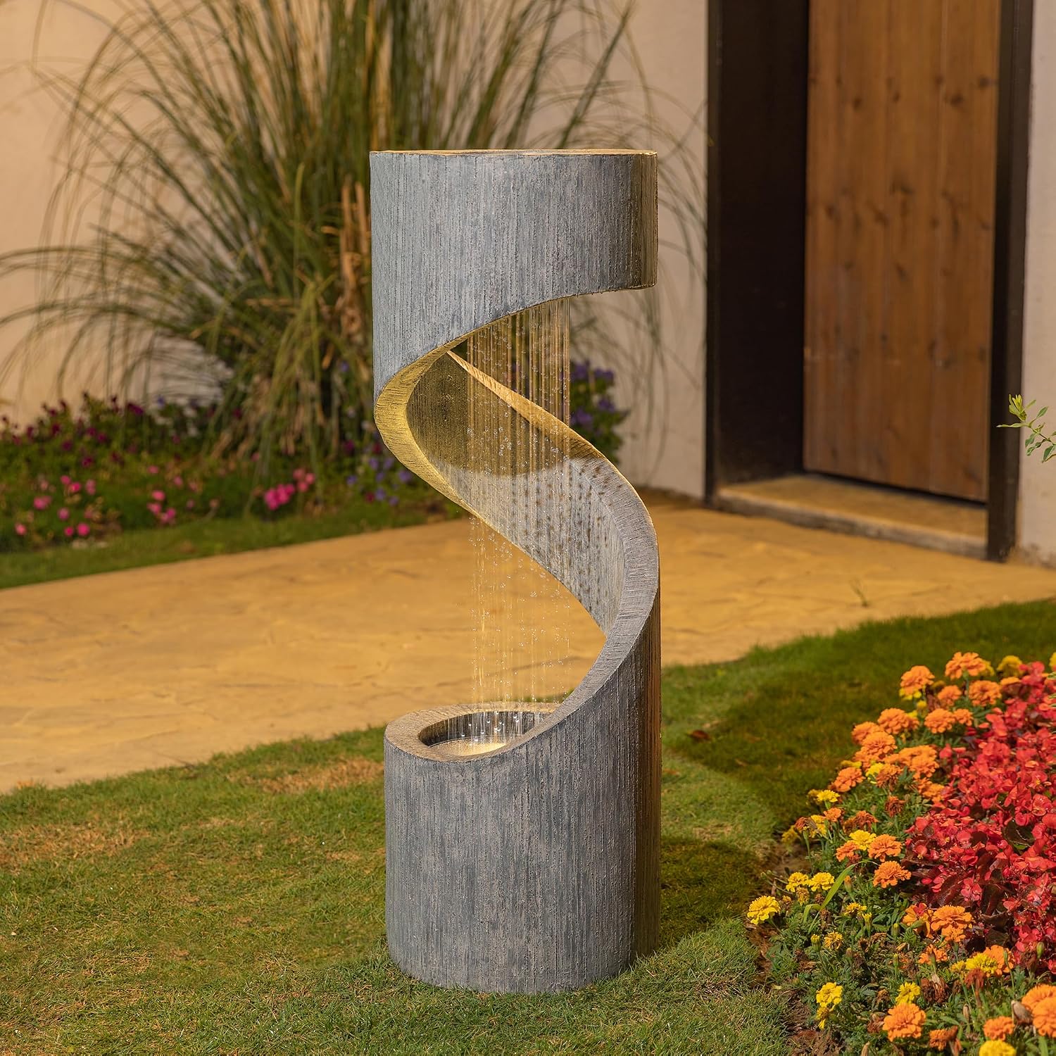 Glitzhome Outdoor Fountain with LED Light, Oversized Spiral Water Fountain Outdoor with Stone Planter, Modern Curved Waterfall Fountains Water Feature for Garden Patio, 40'H