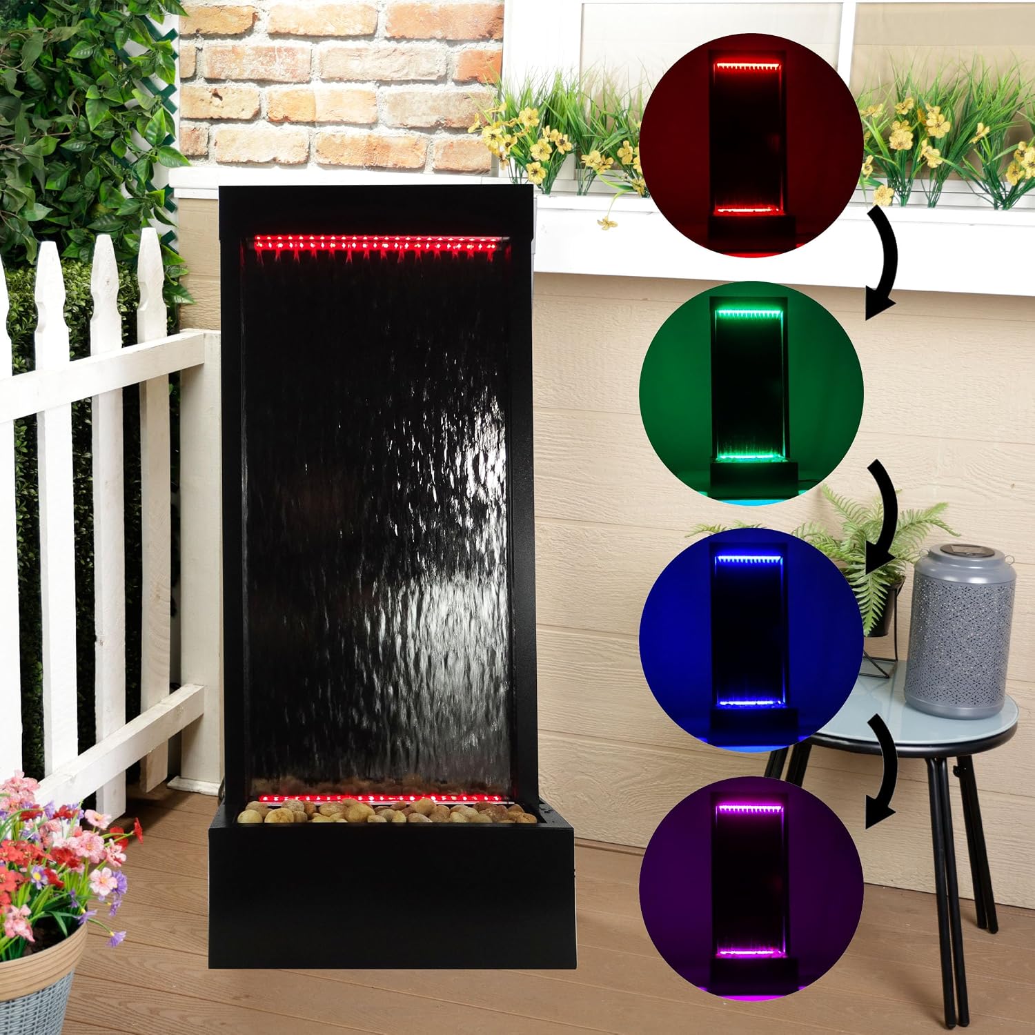 Alpine Corporation MLT174S‑MC Waterfall Fountain – Plug in Indoor Fountain with Black‑Framed Glass, Cascading Water, Floor Feature & Multi‑Color LED Lights, 48'