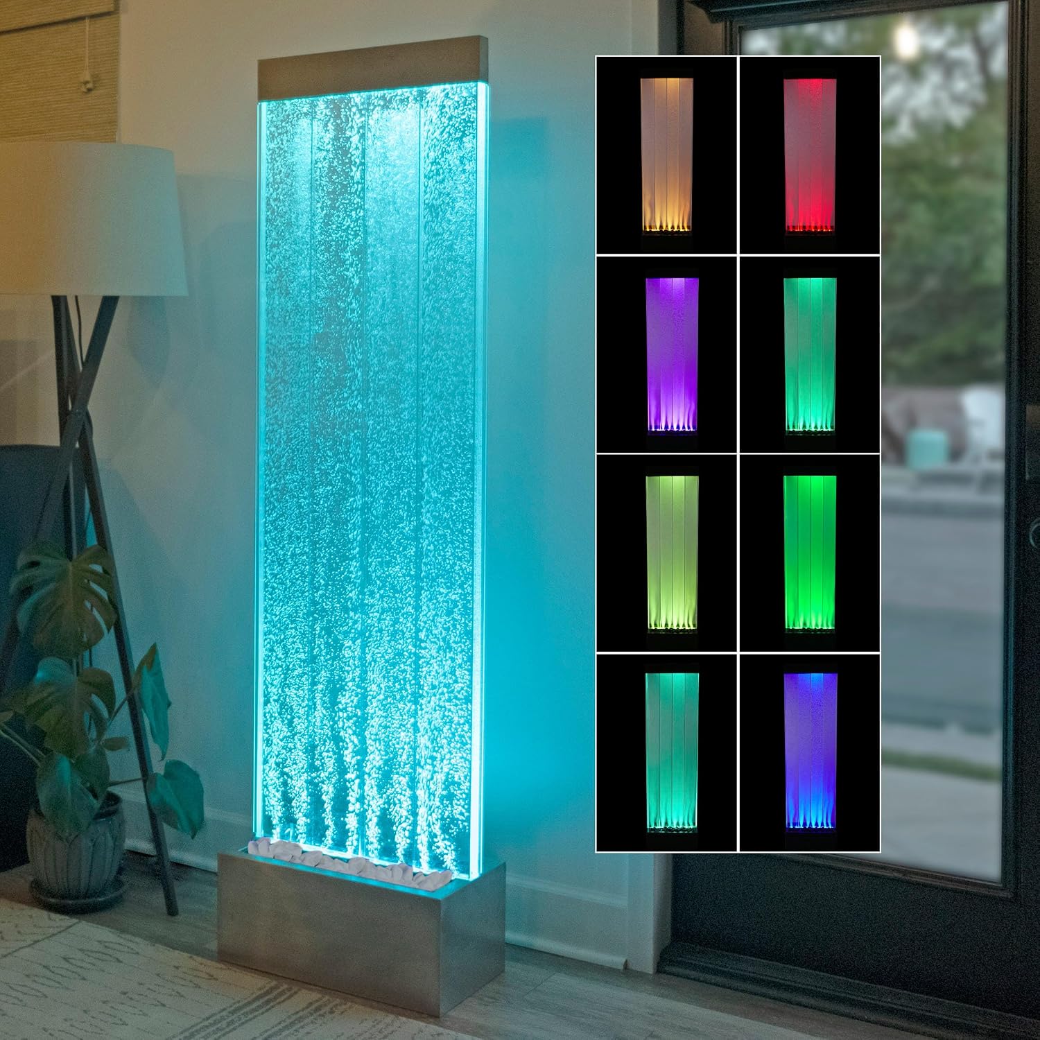 Alpine Corporation MLT134SL Indoor Floor Bubble Wall Water Fountain with Color-Changing LED Lights and Remote, 72', Silver
