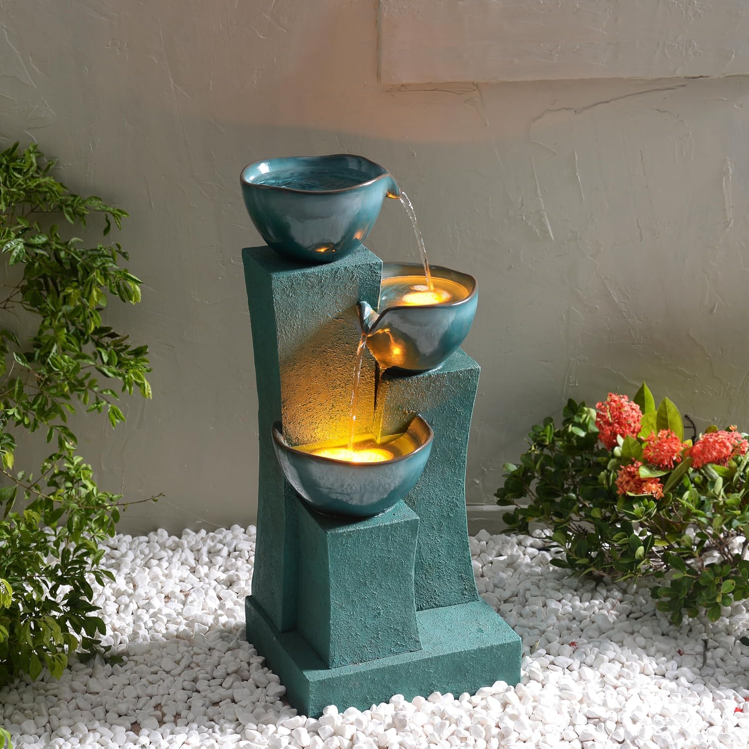 Teamson Home 28.54 in. 3-Tier Cascading Outdoor Water Fountain with LED Lights for Gardens, Landscaping, Patios, Balconies, Lawns, Green