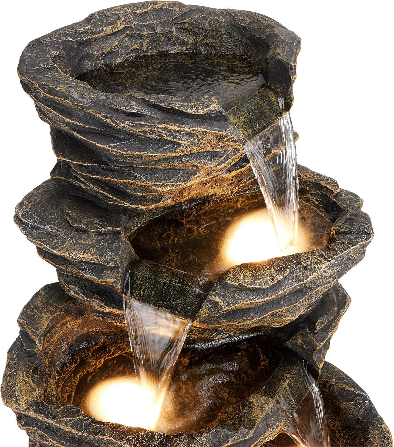 Alpine Corporation 39' Tall Outdoor 5 Tiered Natural Look Rock Water Floor Fountain with Replaceable Lights, Brown