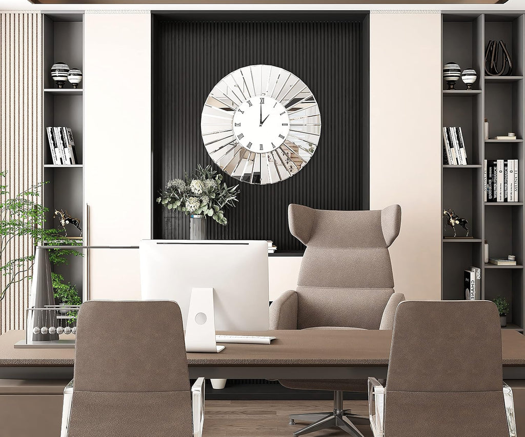 SHYFOY Mirrored Wall Clocks, 24' Decorative Large Clock for Wall Decor, Oversize Glass Wall Clock for Living Room, Big Silver Clock Modern Luxury Home Decor