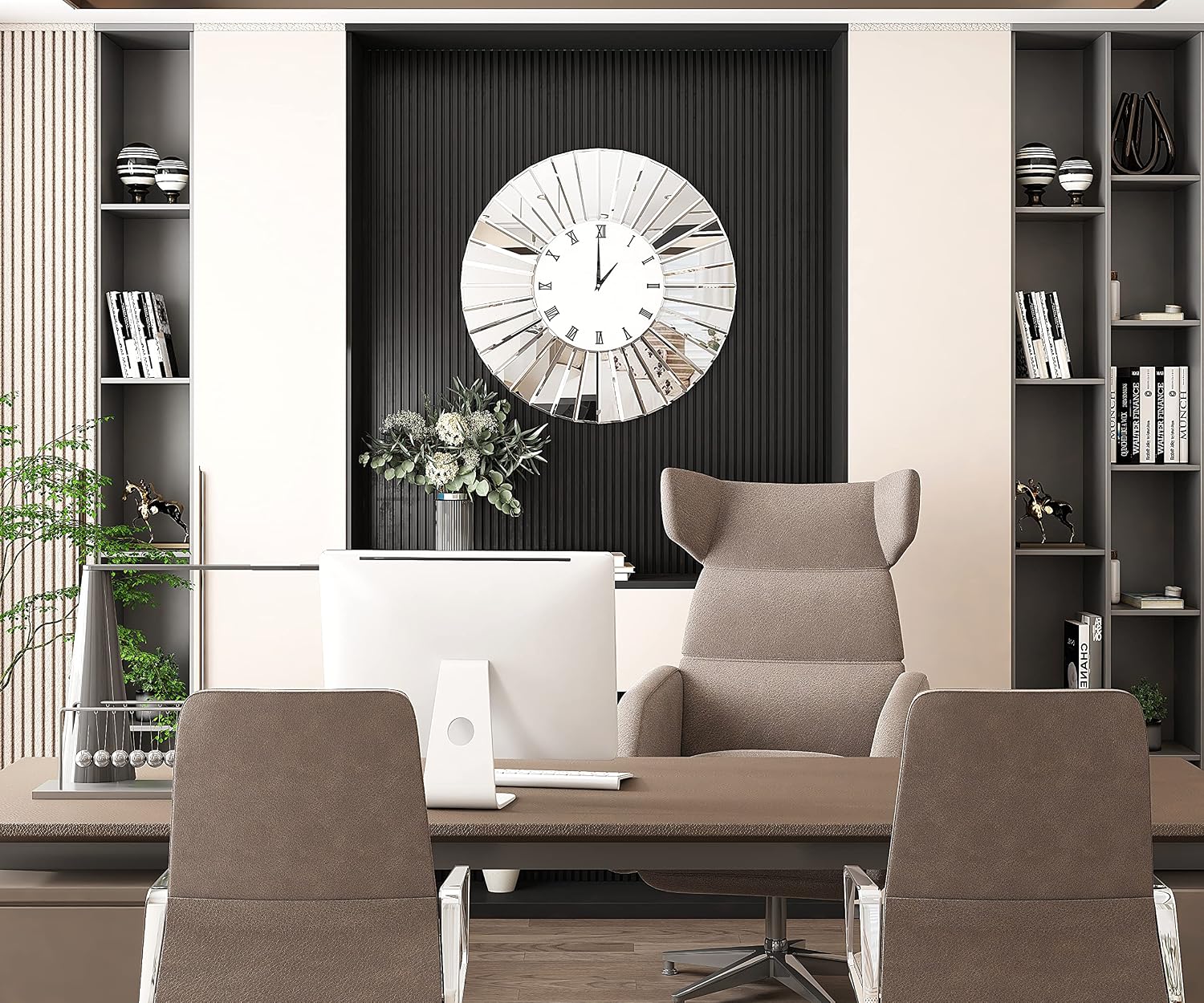 SHYFOY Mirrored Wall Clocks, 24' Decorative Large Clock for Wall Decor, Oversize Glass Wall Clock for Living Room, Big Silver Clock Modern Luxury Home Decor