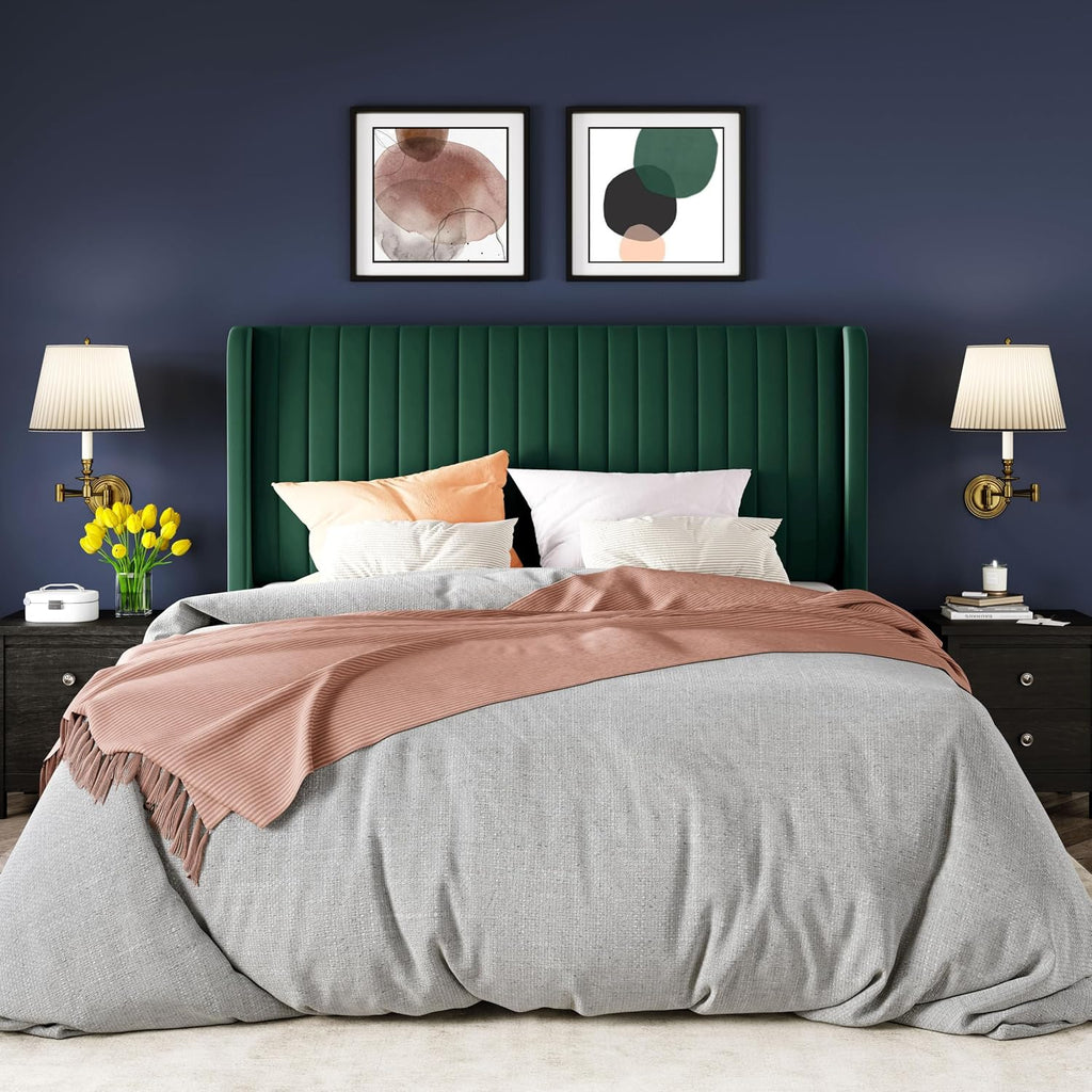 Allewie Full Size Bed Frame/Velvet Upholstered Platform Bed/Vertical Channel Tufted Wingback Headboard/Strong Wooden Slats/No Box Spring Needed/Easy Assembly/Green