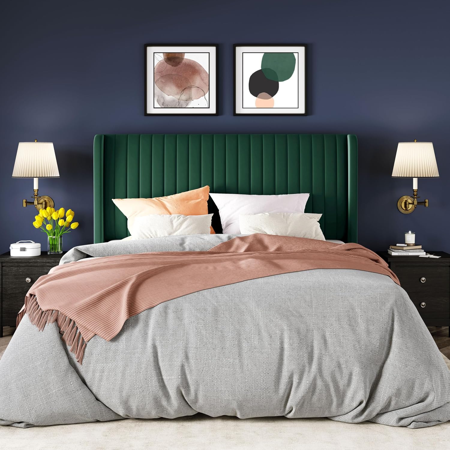 Allewie Full Size Bed Frame/Velvet Upholstered Platform Bed/Vertical Channel Tufted Wingback Headboard/Strong Wooden Slats/No Box Spring Needed/Easy Assembly/Green