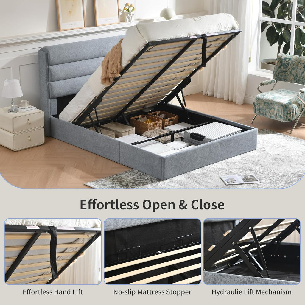 Lift Up Storage Bed Queen Size, Linen Upholstered Platform Bed with Hydraulic System & Wood Slats Support, Queen Bed Frame with 3-Panel Headboard, No Box Spring Needed, Easy Assembly, Baby Blue