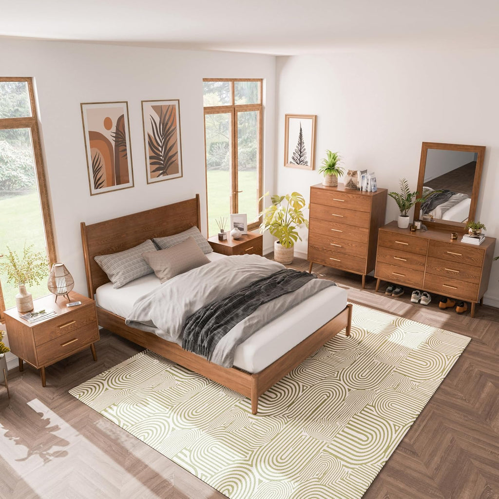 Furniture of America Wyatt Modern Solid Wood Bedroom Collection with Queen Bed Frame, Nightstands, Dresser with Mirror, Chest, No Box Spring Needed, Walnut, Standard Platform, 6-Piece Set
