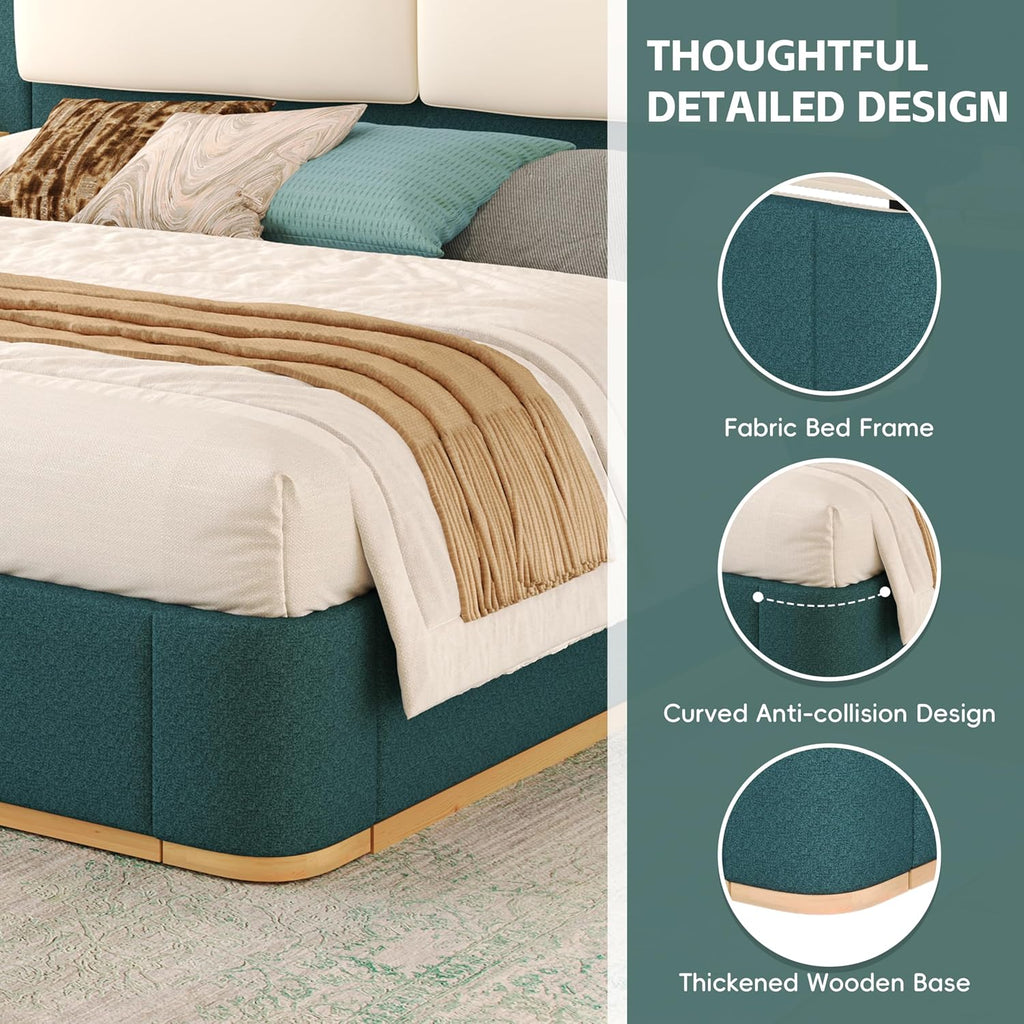 Merax Queen Size Bed Frame, Linen Upholstered Platform Bed with Large PU Leather Headboard and Shelf, Modern Bedroom Furniture & Solid Wood Slats Support, No Box Spring Needed, Easy Assembly, Green