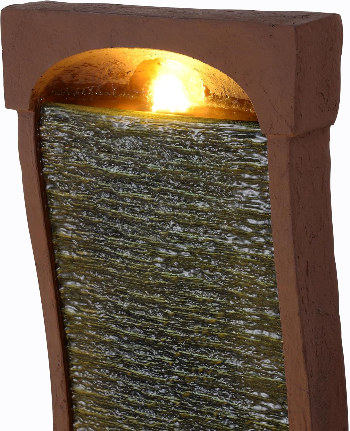 Teamson Home 38.5' Indoor/Outdoor Modern Curved Faux Slate Waterfall Fountain with LED Lights, Red Rock